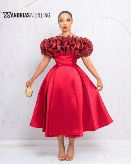 RED MIKADO SKATER DRESS WITH ORGANZA